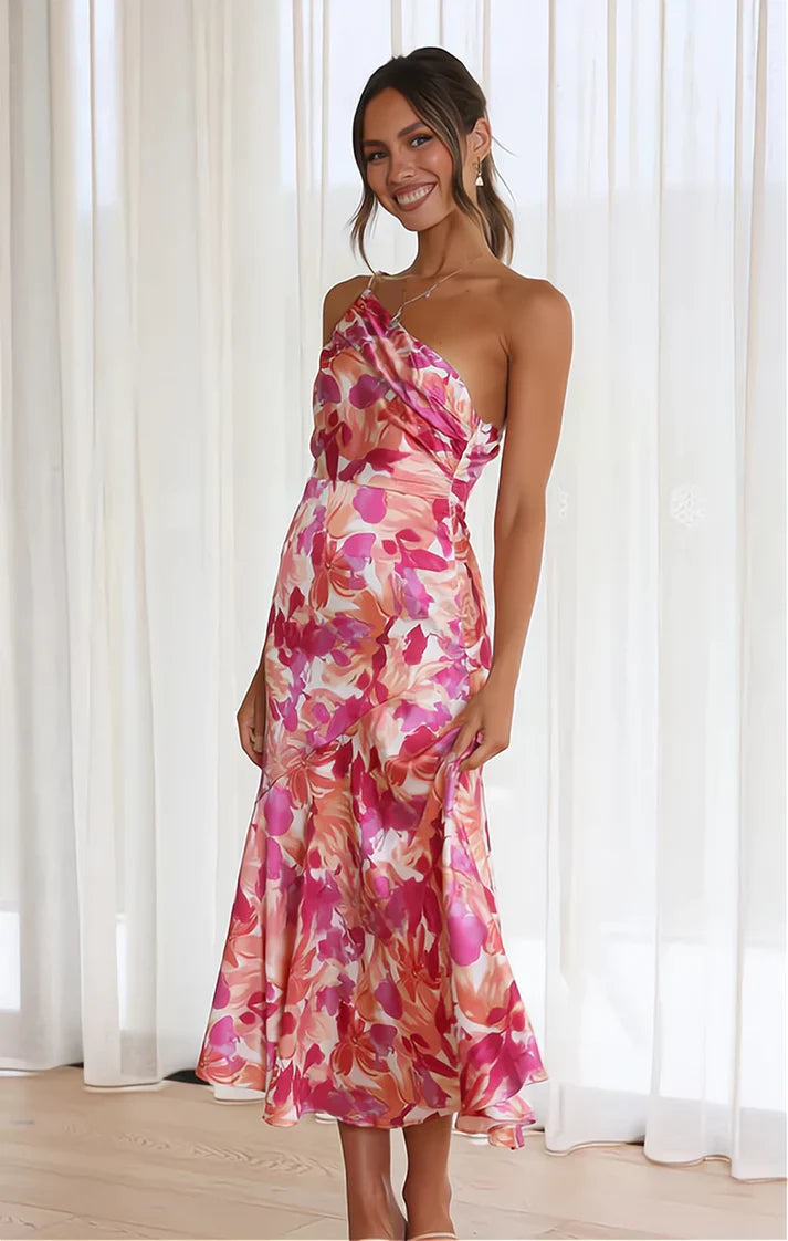 ANNA | Asymmetrisk blomstrete midikjole