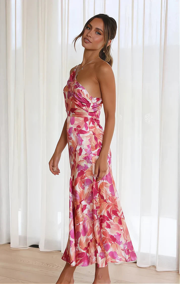 ANNA | Asymmetrisk blomstrete midikjole