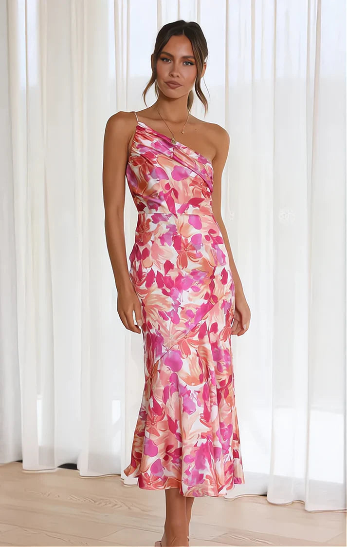 ANNA | Asymmetrisk blomstrete midikjole